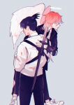  2boys androgynous angel angel_devil_(chainsaw_man) angel_wings black_necktie black_suit blood blood_on_clothes blood_on_face carrying carrying_person chainsaw_man commentary cowboy_shot feathered_wings formal_clothes from_behind grey_background halo hand_on_another's_back hand_on_another's_shoulder hayakawa_aki jacket looking_ahead male_focus multiple_boys necktie penguin_jun portrait red_eyes red_hair suit suit_jacket sword sword_on_back topknot torn_clothes traditional_halo weapon weapon_on_back white_wings wings 