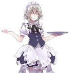  1girl apron black_ribbon blue_skirt blue_vest bow braid braided_sidelocks buttons closed_eyes collared_shirt commentary_request cowboy_shot crote frilled_apron frills green_bow grey_hair hair_between_eyes hair_bow hair_ribbon hands_up highres holding holding_tray izayoi_sakuya large_variant_set layered_skirt light_smile maid_apron maid_headdress medium_skirt parted_lips puffy_short_sleeves puffy_sleeves ribbon shirt short_hair short_sleeves skirt sleeve_cuffs solo standing tachi-e thighhighs touhou transparent_background tray twin_braids variant_set vest white_apron white_headdress white_shirt white_thighhighs wing_collar 