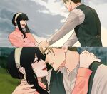  1boy 1girl arm_around_shoulder arms_around_neck artist_name black_hair blonde_hair blurry blurry_background closed_eyes cloud cloudy_sky coat collared_shirt commentary couple earrings english_commentary gold_earrings green_vest hair_between_eyes hairband hetero highres holding_hands jewelry laughing long_hair outdoors parted_lips pink_coat shirt short_hair sidelocks sky smile spy_x_family sumiensp twilight_(spy_x_family) updo vest waistcoat white_hairband white_shirt yor_briar 