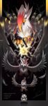  absurdres animal_focus bird black_background black_sclera bright_pupils character_name closed_mouth colored_sclera commentary_request electricity evolutionary_line feathers flying highres mega_pokemon mega_staraptor mixed-language_commentary no_humans open_mouth peace7322 pokemon pokemon_(creature) pokemon_focus red_eyes signature staraptor staravia starly white_pupils 