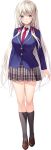  1girl amaemi-longing_for_you- arm_at_side black_socks blue_jacket blush braid breasts brown_shoes closed_mouth collared_shirt eyes_visible_through_hair full_body grey_hair grey_skirt hair_ribbon jacket kneehighs kurusu_sakuya lapels large_breasts loafers long_hair looking_at_viewer necktie notched_lapels official_art oryo_(oryo04) plaid_clothes plaid_skirt pleated_skirt purple_eyes red_necktie red_ribbon ribbon school_uniform shirt shoes simple_background skirt smile socks solo standing tachi-e transparent_background twin_braids very_long_hair white_shirt wing_collar 