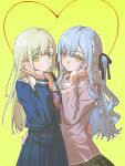  2girls absurdres artist_request bang_dream! bang_dream!_it's_mygo!!!!! black_ribbon blazer blue_hair blue_serafuku blue_shirt blue_skirt chinese_commentary closed_mouth commentary_request commission cowboy_shot green_background grey_jacket grey_neckerchief hair_ribbon hand_on_another's_waist hand_on_own_cheek hand_on_own_face hand_up haneoka_school_uniform heart highres jacket long_hair long_sleeves looking_at_viewer multiple_girls neckerchief plaid_clothes plaid_skirt pleated_skirt ribbon sailor_collar school_uniform second-party_source serafuku shirt sidelocks skirt togawa_sakiko tsukinomori_school_uniform two_side_up wakaba_mutsumi winter_uniform yellow_eyes yuri 