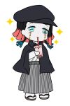  1boy :3 aqua_eyes arm_at_side asymmetrical_bangs black_cape black_hair black_hat blush bubble_tea cape colored_tips commentary_request cup deformed demon_boy drinking drinking_straw drinking_straw_in_mouth enmu_(kimetsu_no_yaiba) facial_mark footwear_request full_body grey_pants hakama hakama_pants hat headwear_request highres holding holding_cup japanese_clothes kimetsu_no_yaiba long_sleeves male_focus medium_hair multicolored_hair no_sclera pants raised_inner_eyebrows shirt simple_background socks solo sparkle standing striped_clothes striped_pants symbol-shaped_pupils taishou tears_facial_mark trap white_background white_shirt white_socks wing_collar yuui_(hakohako0104) 