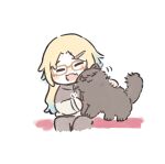  1girl :3 :d animalization ao_kaeru blonde_hair brown-framed_eyewear brown_cat cat closed_eyes closed_mouth fang fujishima_megumi glasses grey_pants grey_shirt hair_down highres link!_like!_love_live! long_hair long_sleeves love_live! mira-cra_park! open_mouth osawa_rurino osawa_rurino_(summer_loungewear) pants shirt sitting skin_fang smile virtual_youtuber 