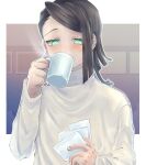  absurdres alternate_costume asymmetrical_bangs blush border bright_pupils coffee_mug commentary_request cup demon_boy drinking enmu_(kimetsu_no_yaiba) facial_mark green_eyes highres holding holding_cup holding_photo kimetsu_no_yaiba long_sleeves looking_at_object looking_down male_focus medium_hair mug outline outside_border photo_(object) purple_background raised_eyebrows ribbed_sweater ryosei_0207 smoke sweater tears_facial_mark train trap turtleneck turtleneck_sweater upper_body white_border white_outline white_pupils white_sweater 