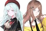  2girls absurdres artist_request ascot bang_dream! bang_dream!_it's_mygo!!!!! beret black_capelet black_necktie brooch brown_hair capelet chinese_commentary closed_mouth collared_shirt commentary_request commission earrings expressionless green_hair hair_ornament hairclip hand_up hat highres jewelry long_hair looking_at_viewer mortis_(bang_dream!) mortis_(costume)_(bang_dream!) multiple_girls nagasaki_soyo necktie red_hat second-party_source shirt sidelocks simple_background swept_bangs upper_body wakaba_mutsumi white_ascot white_background white_shirt yellow_eyes 
