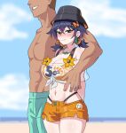  1boy 1girl aqua_male_swimwear arm_around_shoulder beach belle_(summer_skies)_(zenless_zone_zero) belle_(zenless_zone_zero) bikini bikini_top_under_shirt bikini_under_clothes black_hat blue_hair blurry blurry_background blush breasts bucket_hat cleavage closed_mouth commentary cowboy_shot earrings green_eyes grin hair_ornament hat hetero highres jewelry large_breasts letter_hair_ornament looking_at_viewer male_swimwear midriff navel necklace official_alternate_costume orange_bikini orange_shorts print_shirt see-through_clothes see-through_shirt shirt short_hair short_shorts shorts smile standing swimsuit tied_shirt topless_male zenless_zone_zero zzminguzz 