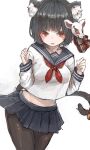  1girl alternate_costume animal_ear_fluff animal_ears azur_lane bell black_hair black_pantyhose blue_sailor_collar blue_skirt bob_cut bow breasts cat_ears cat_girl cat_mask cat_tail commentary_request contrapposto cowboy_shot eyeshadow fang groin highres jingle_bell long_sleeves makeup mask mask_on_head medium_breasts miniskirt mismatched_eyebrows neckerchief nyucha pantyhose parted_lips pleated_skirt raised_eyebrows red_eyes red_eyeshadow red_neckerchief sailor_collar school_uniform serafuku shirt shirt_overhang short_hair simple_background skin_fang skirt sleeve_cuffs solo surprised tail tail_bell tail_bow tail_ornament thick_eyebrows w_arms white_background white_shirt yamashiro_(azur_lane) 