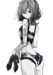  1girl bra character_request copyright_request flower_tattoo from_behind greyscale high_heels highres holding holding_shoes holding_unworn_clothes lace-trimmed_bra lace-trimmed_panties lace_trim looking_at_viewer medium_hair monochrome panties shoes shoulder_blades shoulder_tattoo simple_background smile solo tattoo underwear underwear_only unworn_shoes wowari_00 