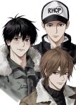  3boys baseball_cap black_hair black_jacket blush brown_hair character_request closed_mouth coat copyright_request fur-trimmed_coat fur-trimmed_jacket fur_trim hair_between_eyes hat highres jacket looking_at_viewer looking_to_the_side male_focus medium_hair multiple_boys red_hot_chili_peppers short_hair sideways_glance simple_background sso_s white_background 