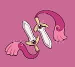  alt_text animate_object artist_name commentary doublade english_commentary full_body highres no_humans one-eyed pink_background pink_eyes pokemon pokemon_(creature) pokemon_focus rain rumwik simple_background sword wavy_eyes weapon 