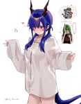  !? ... 2girls absurdres arknights beamed_eighth_notes black_shirt blue_hair blush breasts button_gap cellphone censored ch'en_(arknights) closed_mouth collared_shirt commentary covering_face cowboy_shot cropped_torso dragon_girl dragon_horns dragon_tail dress_shirt glitch glitch_censor green_hair hair_between_eyes hands_up heart highres hill_chuchu holding holding_phone horns hoshiguma_(arknights) large_breasts long_hair long_sleeves low_twintails multiple_girls musical_note nail_polish naked_shirt no_bra no_pants nose_blush oni oversized_clothes oversized_shirt partially_unbuttoned phone red_eyes revision shirt sidelocks simple_background single_horn skin-covered_horns sleeveless sleeveless_shirt smartphone speech_bubble spoken_ellipsis standing tail taking_picture tearing_up thought_bubble turtleneck turtleneck_shirt twintails twitter_username white_background white_shirt 
