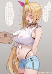  1girl absurdres ahoge amamidare artist_name blonde_hair blush bra_strap breasts closed_eyes commentary_request covered_nipples grey_background highres hoshikawa_sara hoshikawa_sara_(1st_costume) large_breasts long_hair motion_lines navel nijisanji nipple_stimulation open_mouth panty_straps shirt shorts simple_background speech_bubble stomach sweatdrop thigh_strap tied_shirt translation_request trembling twitter_username very_long_hair virtual_youtuber 
