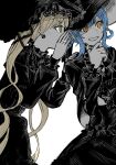 2girls absurdres alternate_costume black_dress black_hat blonde_hair blue_hair braid braided_hair_rings commentary_request cowboy_shot dress earrings frilled_dress frilled_sleeves frills hair_rings hand_on_own_chin hat highres jewelry long_hair long_sleeves looking_at_another looking_to_the_side mahou_shoujo_no_majo_saiban multiple_girls natch open_mouth profile ring short_hair simple_background smile standing tachibana_sherry tono_hanna twintails very_long_hair whispering white_background witch witch_hat yellow_eyes 