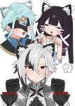  1boy 2girls :3 angel_wings_hair_ornament animal_ear_fluff animal_ears aqua_hair arlecchino_(genshin_impact) black_eyes black_hair cat_ears closed_eyes columbina_(genshin_impact) commentary_request crewmate_(among_us) dottore_(genshin_impact) eye_mask flasso genshin_impact hair_between_eyes hair_ornament highres long_sleeves looking_at_viewer mask multicolored_hair multiple_girls open_mouth paw_pose red_hair red_pupils simple_background symbol-shaped_pupils two-tone_hair white_hair x-shaped_pupils 