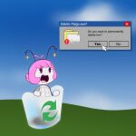 1:1 absurd_res antennae_(anatomy) anthro blue_sky cloud cruelty cursor desktop digital_creature e254e english_text featureless_hands female grid_lines hair hi_res home_paige imminent_death menu_screen mouse_cursor peril pink_hair recycling_bin ryona simple_eyes sky solo text wallpaper