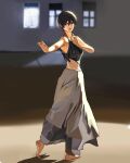  1girl artist_name baggy_pants bare_arms bare_shoulders barefoot black_hair black_shirt breasts commentary english_commentary full_body grey_pants hair_between_eyes highres indoors martial_arts medium_breasts midriff mikasa_ackerman outstretched_arm pants scar scar_on_cheek scar_on_face shingeki_no_kyojin shirt short_hair sleeveless sleeveless_shirt solo sumiensp tied_shirt 