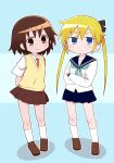  2girls blonde_hair blue_eyes blue_neckerchief blue_skirt border brown_eyes brown_hair brown_skirt buttons collared_shirt commentary full_body hand_on_own_hip hand_up highres jacket kill_me_baby loafers long_sleeves looking_at_viewer multiple_girls neckerchief necktie one_eye_closed open_mouth oribe_yasuna outline parody pleated_skirt richard_(richaball) sailor_collar school_uniform shirt shoes short_hair skirt smile socks solo sonya_(kill_me_baby) standing style_parody triangle_mouth twitter_username vest white_border white_outline yellow_vest 