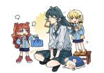  3girls aged_down angry antenna_hair backpack bag black_bow black_skirt black_socks blonde_hair blue_eyes blue_ribbon blue_shirt blue_skirt blush bow braid braided_twintails bread bread_slice brown_shoes brushing_another's_hair brushing_hair child closed_eyes collared_shirt comb commentary dress_shirt fang food food_in_mouth fujita_kotone gakuen_idolmaster green_hair grey_shirt hair_bow hair_ornament hair_rings hairclip hanami_saki hand_on_own_hip hatsuboshi_gakuen_school_uniform height_difference highres holding holding_bag holding_comb idolmaster indian_style kindergarten_uniform long_hair loose_neck_ribbon low_twintails messy_hair mouth_hold multiple_girls name_tag neck_ribbon open_collar open_mouth outstretched_arm pleated_skirt puff_of_air rakugakipurin randoseru red_bag red_hair red_shoes ribbon school_uniform shirt shoes side_up_ring sitting skin_fang skirt sleeves_rolled_up socks standing stuffed_hedgehog stuffed_toy symbol-only_commentary tiptoes toast toast_in_mouth tsukimura_temari twin_braids twintails twitter_username two_side_up white_background white_shirt yellow_eyes 