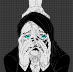  2boys :d aqua_eyes asymmetrical_bangs black_jacket blood blood_on_cheek buttons colored_tips commentary_request crazy crazy_eyes crazy_smile demon_boy enmu_(kimetsu_no_yaiba) facial_mark furrowed_brow grey_background greyscale hand_on_another's_head hand_up hands_on_own_face jacket kimetsu_no_yaiba laterate763 long_sleeves looking_at_viewer looking_up lower_teeth_only male_focus medium_hair monochrome multicolored_hair multiple_boys open_mouth out_of_frame signature smile solo_focus spot_color straight-on suit_jacket symbol-shaped_pupils tearing_up tears_facial_mark teeth trap undershirt upper_body veins veiny_face veiny_hands 