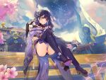  1girl architecture armor artist_name ass ass_focus ass_visible_through_thighs blue_pupils blunt_bangs braid breasts bridal_gauntlets cherry_blossoms cleavage closed_mouth clothing_cutout cloud cloudy_sky commentary constellation day east_asian_architecture electricity falling_petals fan_hair_ornament flower full_body genshin_impact glint glowing gradient_hair hair_ornament hair_ribbon head_tilt highres japanese_clothes kimono knees_up large_breasts leaning_back light_smile lingerie long_braid looking_at_viewer mole mole_under_eye multicolored_eyes multicolored_hair neck_ribbon outdoors petals pink_petals purple_eyes purple_hair purple_kimono purple_thighhighs raiden_shogun red_ribbon red_sash ribbon sash shoulder_cutout single_braid sitting sky solo space star_(sky) starry_sky statue statue_of_the_seven thighhighs underwear wings wooden_floor yangyii1606_(user_mazh5327) 