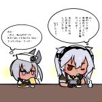  2girls alcohol beer brown_eyes commentary_request dace_(kancolle) dark-skinned_female dark_skin dixie_cup_hat drinking food glasses grey_eyes grey_hair hat headgear highres kantai_collection military_hat multiple_girls musashi_(kancolle) musashi_kai_ni_(kancolle) one_side_up radical_bullet side_ponytail simple_background upper_body white_background 