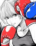  1girl 1other blocking blue_gloves boxing boxing_gloves breasts cleavage commentary_request eyebrows_hidden_by_hair fighting_stance gloves greyscale hatching_(texture) highres lee_(dragon_garou) medium_breasts monochrome mouth_guard original red_gloves spot_color tank_top upper_body v-shaped_eyebrows 