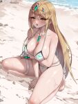  1girl adapted_costume arm_support arm_under_breasts artist_name barefoot beach bikini bilingual_commentary blonde_hair blush breasts cleavage collarbone commentary completion_time gem green_gem highres large_breasts long_hair looking_at_viewer mixed-language_commentary multi-strapped_bikini_bottom mythra_(xenoblade) on_one_knee open_mouth riro_(breakthrough_rr) solo swimsuit thigh_strap tiara twitter_username twitter_x_logo very_long_hair white_bikini xenoblade_chronicles_(series) xenoblade_chronicles_2 yellow_eyes 