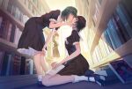  3girls absurdres after_kiss bent_over black_dress black_hair blush book book_stack bookshelf closed_eyes commentary_request day dress flowers_(innocent_grey) from_side green_hair hand_on_another's_cheek hand_on_another's_face hand_on_own_knee highres holding holding_book indoors kafkasea library mary_janes multiple_girls open_book profile saliva saliva_trail school_uniform shirahane_suou shoes short_hair short_sleeves sitting socks standing takasaki_chidori tongue tongue_out walk-in wariza white_socks yaegaki_erika yuri 