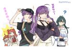  5girls ? adjusting_clothes adjusting_headwear ahoge antenna_hair arm_up bag baseball_cap behind_another black_choker black_hat black_shirt blue_eyes bra_strap brown_hair butterfly_hair_ornament choker closed_mouth collarbone commentary_request dual_persona ear_piercing fingernails gakuen_idolmaster green_eyes green_hair hair_ornament hair_rings hanami_saki hanami_ume hat highres idolmaster jacket kaya_rinha long_hair looking_at_another looking_at_viewer medium_hair mole mole_on_neck multiple_girls nail_polish off-shoulder_shirt off_shoulder parted_lips piercing purple_hair purple_nails rakugakipurin red_hair shirt shoulder_bag side_up_ring skirt small_sweatdrop smile standing t-shirt translation_request tsukimura_temari twintails twitter_username two_side_up vest white_background white_jacket white_shirt white_skirt 