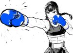  1girl abs blue_gloves boxing boxing_gloves boxing_shorts braid breasts commentary_request flying_sweatdrops foreshortening gloves greyscale highres lee_(dragon_garou) linea_alba low_twin_braids midriff monochrome original punching serious shorts small_breasts solo sports_bra spot_color sweat toned toned_female twin_braids upper_body 