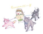  1girl :d animalization anyoji_hime blank_eyes braid brown_hair center-flap_bangs chesto_(phrase) chibi chibi_only closed_mouth commentary_request dog fox grey_dog hasu_no_shoushihenkei holding holding_leash hood hoodie kachimachi_kosuzu kachimachi_kosuzu_(summer_loungewear) katsuragi_izumi leash leash_in_mouth link!_like!_love_live! long_hair long_sleeves love_live! momose_ginko mouth_hold o_o open_mouth pet_walking pink_dog pipi_(m1x_mix) side_braids simple_background smile solo virtual_youtuber white_background yellow_hoodie 