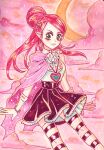  1girl akiramonsta cape chocolat_meilleure cloud commentary earrings english_commentary eyelashes gloves green_eyes hair_bun half_updo heart_pendant jewelry long_hair looking_at_viewer moon orange_hair pink_cape pointy_ears skirt smile solo sparkle striped_clothes striped_thighhighs sugar_sugar_rune thighhighs 