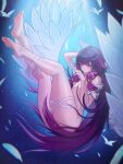  1girl absurdres barefoot black_hair breasts columbina_(genshin_impact) commentary convenient_hair feet genshin_impact hair_wings highres long_hair multicolored_hair puppnett purple_eyes purple_hair small_breasts soles solo toes two-tone_hair underwater unusually_open_eyes very_long_hair white_wings wings 
