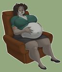  big_belly big_breasts black_hair black_nose blue_eyes breasts chair chipmunk chubby clothed clothing cross-eyed fatfoxlower female fur green_background grey_fur hair hand_on_stomach hi_res mammal navel overweight plain_background rodent shirt shoes simple_background sitting skimpy skirt smile solo 