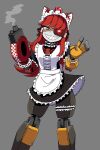  1girl alarm_siren alternate_costume animal_ears apron arm_cannon black_skirt borrowed_character cat_ears choker commentary cowboy_shot crosshair_pupils english_commentary enmaided fewer_digits frilled_apron frilled_choker frilled_skirt frilled_thigh_strap frills galois grey_background grin hair_tubes half-closed_eye heterochromia highres joints kemonomimi_mode long_hair looking_at_viewer maid maid_apron maid_headdress mimi-sentry_(flyingpiggles) original personification red_eyes red_hair robot robot_girl robot_joints sharp_teeth simple_background skirt smile smoke smoking_barrel solo team_fortress_2 teeth textless_version thigh_strap variant_set waving weapon white_apron yellow_eyes 