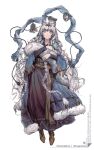 1girl :t absurdres animal_ear_fluff arknights bell braid brown_shoes commentary_request floating_scarf full_body fur_trim grey_eyes grey_hair highres holding_own_tail long_braid long_hair looking_at_viewer pramanix_(arknights) pramanix_the_prerita_(arknights) scarf shoelaces shoes simple_background snow_leopard_ears snow_leopard_girl snow_leopard_tail solo tail tiara tibetan_clothes twin_braids very_long_hair white_background xiashuidai 