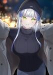  1girl absurdres arms_up black_hat black_sweater breasts casual cross e20_(79324944) evening facepaint girls'_frontline green_eyes grin hair_ornament hairclip happy hat highres hk416_(girls'_frontline) iron_cross jacket large_breasts long_hair looking_at_viewer open_clothes open_jacket outdoors outstretched_arms pov reaching reaching_towards_viewer smile solo standing sweater teardrop vertical-striped_sweater very_long_hair white_hair 