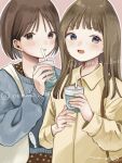  2girls averting_eyes bag blush bob_cut brown_hair choppy_bangs commentary_request cup disposable_cup drinking_straw grey_eyes grey_sweater hand_up highres holding holding_cup indoors long_hair long_sleeves looking_at_viewer multiple_girls nena_labo open_mouth original outline parted_lips pink_background shirt short_hair shoulder_bag simple_background smile sweater twitter_username watermark white_outline yellow_shirt 
