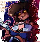 4_hands arm_tattoo arm_under_breasts artist_name bare_shoulders beverage big_breasts black_body black_clothing black_dress black_hair black_sclera blood blood_from_eye blood_stain blue_eyeshadow bodily_fluids bow_ribbon breasts brown_body brown_hair brown_skin bubble_tea clothing corpse corset cyn_(murder_drones) diddlydooter1 digital_drawing_(artwork) digital_media_(artwork) disguise dress drinking drinking_straw eldritch_abomination eyeshadow fangs female freckled_face freckled_shoulders freckles glitch_productions glowing glowing_eyes grey_body hair hands-free_bubble_tea hi_res huge_breasts human humanoid lines_on_body lingerie machine makeup mammal meme metal metallic_body multi_hand murder_drones nightmare_fuel orange_text patchwork_creature question question_mark red_text robot robot_humanoid screen screen_face segmented_body sharp_teeth signature simple_background skinsuit smug smug_face smug_grin solo squiggle_mouth tattoo teeth tessa_(murder_drones) text tight_clothing topwear undead white_body worker_drone x_eyes yellow_eyes yellow_text zombie