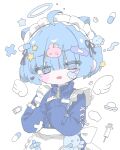  1girl @_@ ahoge angel apron bandaid bandaid_hair_ornament bandaid_on_cheek bandaid_on_face battery_indicator blue_eyes blue_hair blue_jacket blush_stickers commentary_request detached_wings hair_ornament halo hands_on_own_chest highres izumi_(yura_izumi) jacket long_sleeves maid maid_headdress mini_wings octopus_hair_ornament open_mouth original pill rabbit_hair_ornament short_hair simple_background solo star_(symbol) star_hair_ornament syringe tears too_many_hair_ornaments track_jacket ufo unconventional_maid upper_body white_apron white_background white_wings wings x_(symbol) 