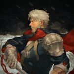  1boy armor black_cape black_shirt black_sky blue_eyes cape closed_mouth commentary dog_tags from_side gauntlets holding holding_sword holding_weapon igor_(reverse:1999) lefthgir male_focus mature_male old old_man profile reverse:1999 scar scar_across_eyebrow scar_on_face shirt short_hair short_sleeves shoulder_armor sky snow snowing solo sword symbol-only_commentary upper_body weapon white_beard white_hair 