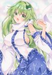  1girl blue_skirt blush breasts commentary detached_sleeves frog_hair_ornament green_eyes green_hair hair_ornament hair_tubes highres kochiya_sanae large_breasts long_hair looking_at_viewer open_mouth scarf sideboob single_hair_tube skirt smile snake_hair_ornament solo touhou twitter_username very_long_hair watermark white_scarf yuiki_(cube) 