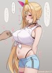  1girl absurdres ahoge amamidare artist_name blonde_hair blush bra_strap breasts commentary_request covered_nipples grey_background highres hoshikawa_sara hoshikawa_sara_(1st_costume) large_breasts long_hair motion_lines navel nijisanji nipple_stimulation open_mouth panty_straps red_eyes shirt shorts simple_background speech_bubble stomach sweatdrop thigh_strap tied_shirt translation_request trembling twitter_username very_long_hair virtual_youtuber 