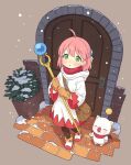  1girl ahoge bag black_pantyhose boots brown_bag brown_gloves commentary dress final_fantasy final_fantasy_fables from_above gloves green_eyes holding holding_staff long_sleeves looking_at_viewer looking_up medium_hair moogle onyhakase open_mouth pantyhose pink_hair shirma shoulder_bag snowing staff white_boots white_dress 