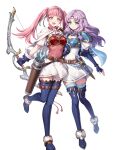  2girls armor arrow_(projectile) belt black_thighhighs blue_boots blue_cape blue_gloves blue_thighhighs blush boots bow_(weapon) breastplate breasts brown_belt cape circlet closed_mouth dagger dress elbow_gloves fingerless_gloves fire_emblem fire_emblem:_the_blazing_blade fire_emblem:_three_houses fire_emblem_heroes florina_(fire_emblem) florina_(skyward_wings)_(fire_emblem) gloves gomashio_ponz green_eyes hairband headband highres hilda_valentine_goneril hilda_valentine_goneril_(skyward_wings) holding holding_bow_(weapon) holding_weapon knife long_hair looking_at_viewer multiple_girls non-web_source official_alternate_costume official_art open_mouth pink_dress pink_eyes pink_hair purple_hair quiver sheath sheathed short_sleeves shoulder_armor simple_background smile tachi-e thigh_boots thighhighs twintails weapon white_background white_cape white_dress white_hairband white_headband 