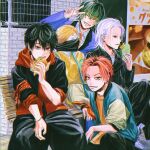  4boys :q ankle_boots aohitsugi_samatoki aohitsugi_samatoki_(tdd_era) arm_rest bandana bandana_around_arm behind_another bench black_hair black_jacket black_pants blue_jacket blush_stickers boots bracelet brick_wall burger chain chain_necklace choppy_bangs commentary_request contrast_lapels cropped_jacket crossed_bangs crossed_legs curtained_hair ear_piercing earrings eating eyelashes facing_viewer feet_out_of_frame film_grain fingernails food foot_out_of_frame french_fries green_eyes grid_print grin hair_between_eyes hand_up harai_kuko harai_kuko_(tdd_era) heterochromia highres holding holding_burger holding_food hood hood_down hoodie hypnosis_mic jacket jacket_over_hoodie jewelry lace-up_boots lapels leaning_to_the_side leather leather_jacket light_smile long_sleeves looking_at_viewer mad_comic_dialogue male_focus mcdonald's mouth_hold multiple_boys multiple_piercings necklace necktie nurude_sasara nurude_sasara_(tdd_era) on_bench open_clothes open_jacket orange_necktie orange_shirt outdoors pale_skin pants parted_bangs parted_hair piercing plug_(piercing) red_bandana red_eyes red_hoodie ring ronald_mcdonald shirt short_hair sideways_glance silver_necklace single_blush_sticker sitting sleeves_pushed_up sleeves_rolled_up smile squatting statue suit_jacket tongue tongue_out umibenobara upper_body v very_short_hair white_boots white_hair white_shirt wispy_bangs wooden_bench yamada_ichiro yamada_ichiro_(tdd_era) yellow_eyes 