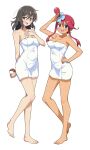  2girls :d absurdres armpit_crease asuka_(senran_kagura) barefoot black_hair blue_eyes blush body_blush breasts brown_eyes cleavage collarbone commentary commission eggman_(ni_tamagoex) hair_between_eyes hair_down hair_ornament hand_on_own_chest hand_on_own_hip highres holding holding_poke_ball large_breasts long_tongue looking_at_viewer medium_breasts medium_hair multiple_girls naked_towel one_side_up open_mouth poke_ball poke_ball_(basic) pokemon pokemon_bw red_eyes red_hair salute senran_kagura senran_kagura_shoujo-tachi_no_shin'ei shiny_skin short_hair_with_long_locks simple_background skeb_commission skyla_(pokemon) smile swept_bangs symbol-only_commentary tan teeth tongue towel upper_teeth_only white_background 