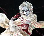  1boy bishounen black_background black_sclera blood blood_on_clothes blood_on_hands blood_on_weapon blood_splatter circle colored_sclera commentary cowboy_shot demon_boy dynamic_pose facial_mark fangs flipped_hair floating_clothes floating_kimono green_nails highres incoming_attack inward_flipped_hair japanese_clothes jumping kimetsu_no_yaiba kimono knee_up looking_at_viewer male_focus marker_(medium) medium_hair open_mouth outstretched_arm pale_skin print_kimono red_sash ruchi_(nxje5533) rui_(kimetsu_no_yaiba) sash solo spider_web_print string symbol-shaped_pupils teeth traditional_media weapon white_hair white_kimono wire_manipulation 