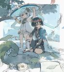  1boy 1girl alternate_headwear animal_print anklet arabalika_(genshin_impact) aranara_(genshin_impact) ararycan_(genshin_impact) armlet armor armpits belt between_legs bird_print black_belt black_bodysuit black_bow black_hair black_sandals black_shorts bloomers blue_cape blue_eyes blue_flower blue_gem blue_hat blue_kimono blue_sky blue_sleeves blunt_ends bodysuit borrowed_clothes bow bracelet bridal_gauntlets bright_pupils cane cape choppy_bangs clenched_hand closed_mouth cloud cloudy_sky colored_tips commentary_request covered_collarbone creature_on_head cross-shaped_pupils detached_sleeves dress eyeliner falling_leaves flower flower_wreath full_body furisode gem genshin_impact gold gold_trim green_eyes green_hair green_sleeves grey_bridal_gauntlets hakama hakama_shorts hand_between_legs hand_on_own_face hands_up hat highres issnnkw japanese_armor japanese_clothes jewelry jingasa juban kimono knee_up kote kurokote layered_sleeves leaf leg_warmers lily_(flower) lily_pad long_hair looking_at_another looking_to_the_side makeup multicolored_hair nahida_(genshin_impact) open_clothes open_kimono outdoors plant pleated_shorts pointy_ears purple_rope purple_sash railing red_eyeliner red_flower rope sandals sash scaramouche_(genshin_impact) short_sleeves shorts side_ponytail sidelocks sitting sketch sky smile socks standing stirrup_footwear stirrup_legwear sumeru_city symbol-shaped_pupils tassel toeless_legwear toenails toes tree tree_shade vision_(genshin_impact) wanderer_(genshin_impact) white_bloomers white_dress white_flower white_hair white_kimono white_leg_warmers white_pupils white_sleeves white_socks white_trim zouri 